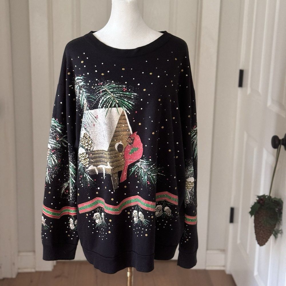 Vtg 90s Christmas On Main Street Ugly Sweatshirt Sz L Red Bird House Teachercore